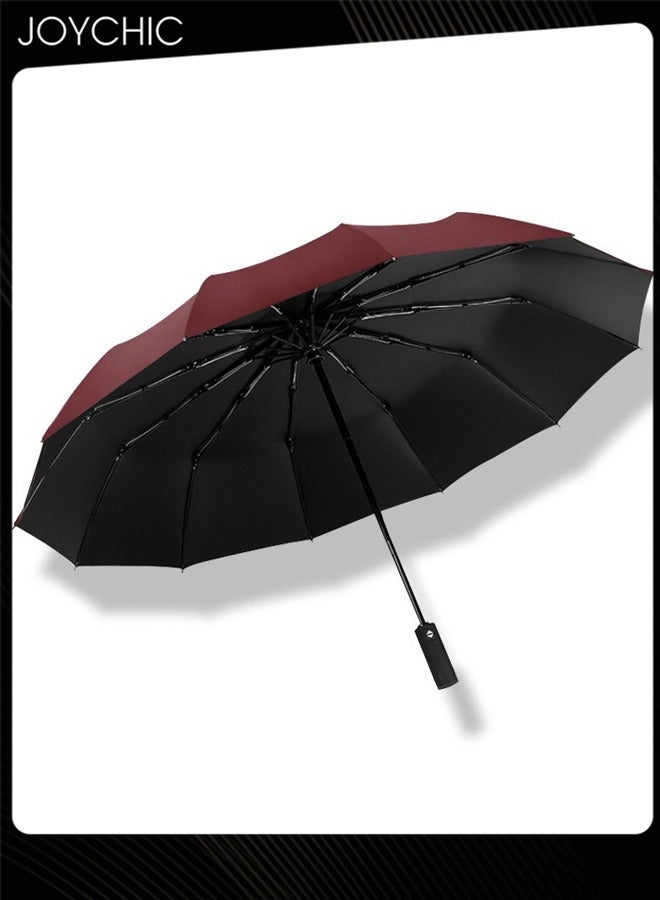 Joychic مظلة كبيرة مضادة للرياح مع 12 ضلعًا ومضادة للأشعة فوق البنفسجية تفتح وتغلق تلقائيًا، مظلة سفر قوية قابلة للطي 3 مرات باللون العنابي - Image 1