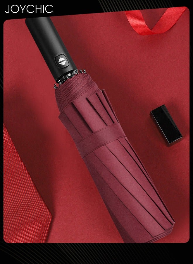 Joychic مظلة كبيرة مضادة للرياح مع 12 ضلعًا ومضادة للأشعة فوق البنفسجية تفتح وتغلق تلقائيًا، مظلة سفر قوية قابلة للطي 3 مرات باللون العنابي - Image 2