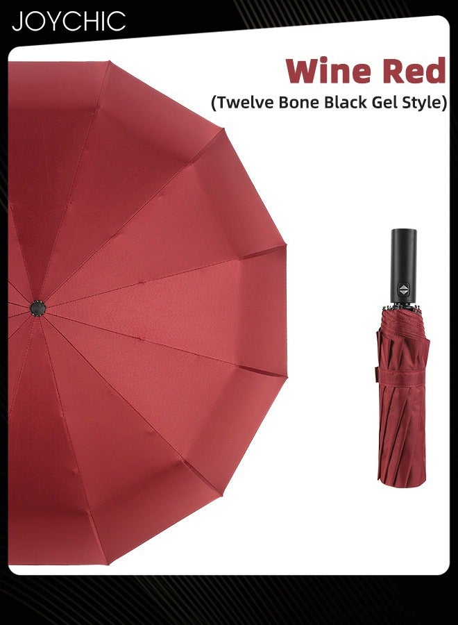 Joychic مظلة كبيرة مضادة للرياح مع 12 ضلعًا ومضادة للأشعة فوق البنفسجية تفتح وتغلق تلقائيًا، مظلة سفر قوية قابلة للطي 3 مرات باللون العنابي - Image 3