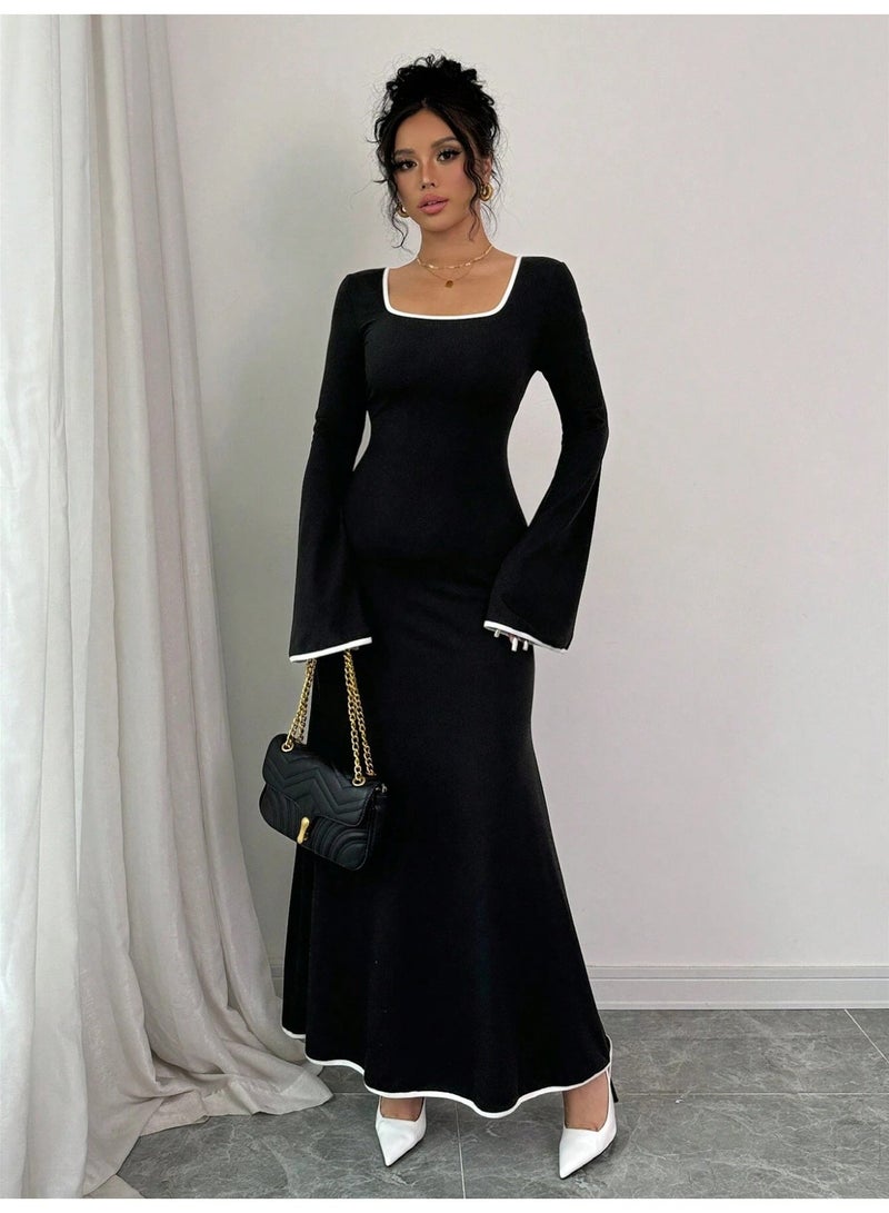 general 2026 New Style Elegant Square Neckline Dress with Color Blocking, Slim Fit, and Flattering Design - Image 2