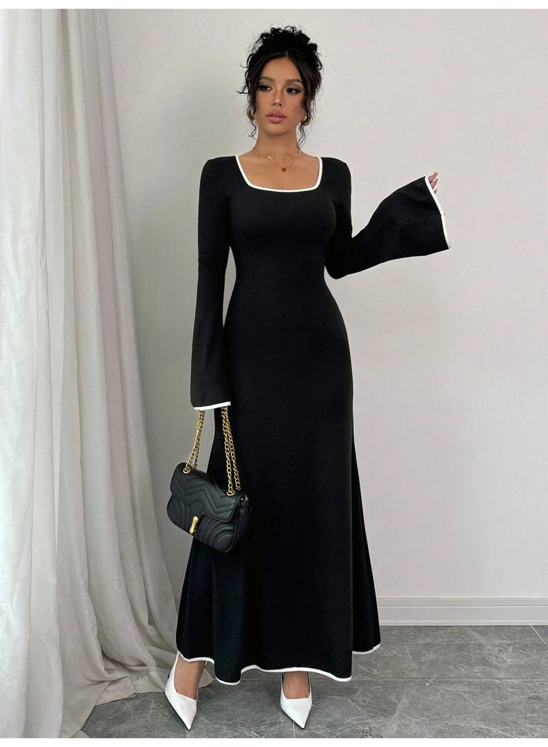 general 2026 New Style Elegant Square Neckline Dress with Color Blocking, Slim Fit, and Flattering Design - Image 4
