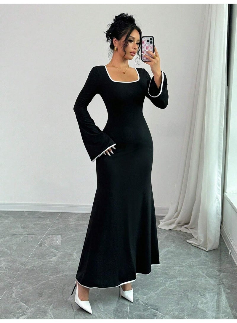 general 2026 New Style Elegant Square Neckline Dress with Color Blocking, Slim Fit, and Flattering Design - Image 5