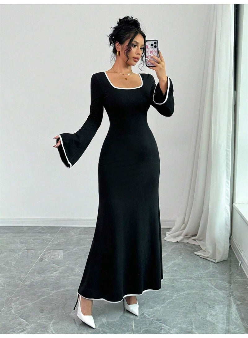 general 2026 New Style Elegant Square Neckline Dress with Color Blocking, Slim Fit, and Flattering Design - Image 1