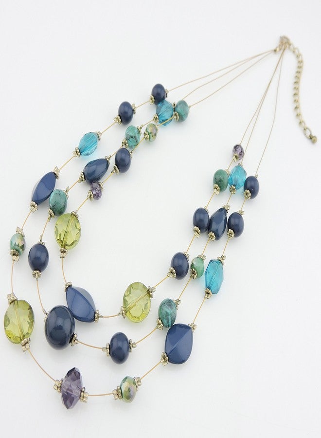 كويريز قلادة كويريس ثلاثية الطبقات بتصميم سلكي شفاف للنساء، مزينة بخرز أزرق وأخضر (N0005) بطول 19.5 بوصة - Image 3