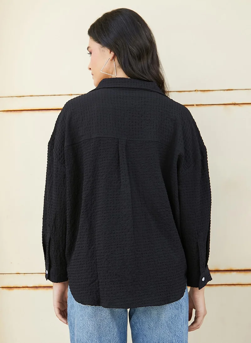 Campus Sutra Women's Onyx Black Seersucker Oversized Shirt