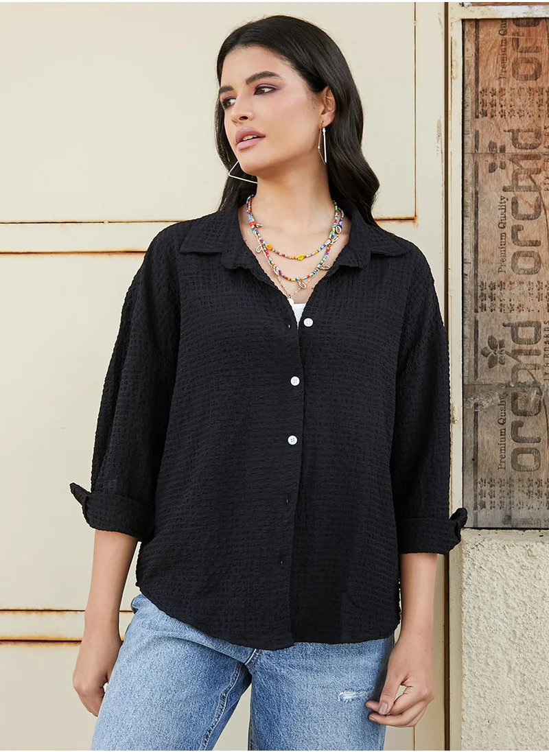 Campus Sutra Women's Onyx Black Seersucker Oversized Shirt