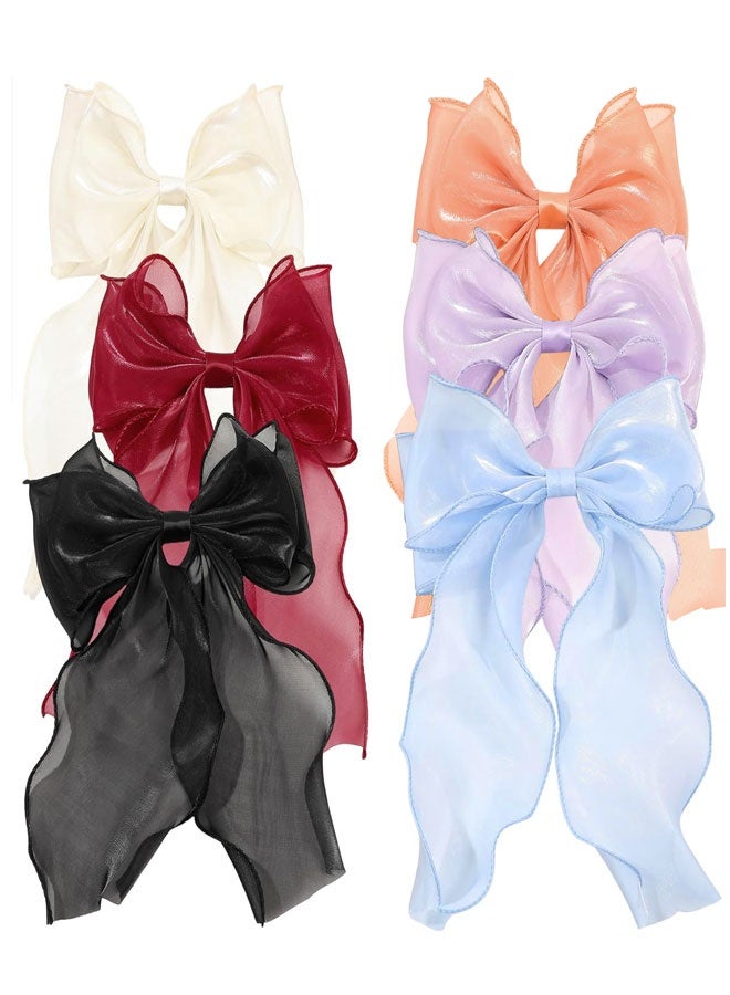 HOOTO 6pcs Oversized Hair Bows and Ribbons for Women, Silky Satin Long Tail Bowknot Barrettes With Metal Clips Ponytail Hair Accessories for Adult Teens - Image 1