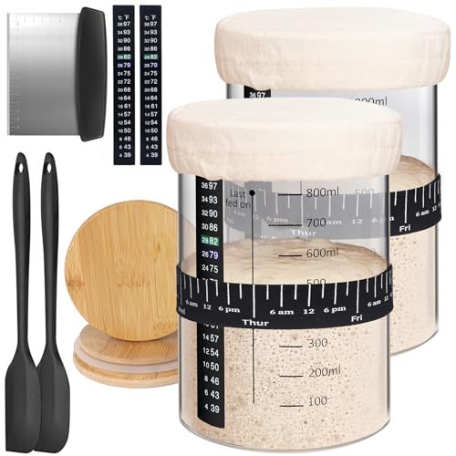 طقم jars خميرة العجين Kmise 2 حزمة سعة كبيرة 34 أونصة زجاجية DIY مع مقياس حرارة شريط تغذية م marked تاريخ غطاء قماش ملعقة وقاطع لوازم الخبز القابلة لإعادة الاستخدام