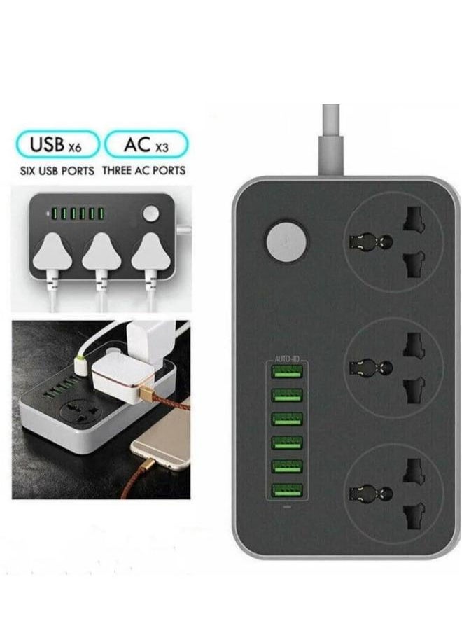 Unviersal Power Strips Extension Cord | 3 Sockets Universal Plug Adapter with 6 USB Ports Bold Cable Socket Board 2m