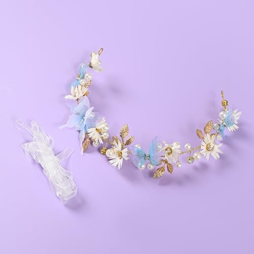 Vividsun Butterfly Headbands Flower Girl Hair Accessory with Pearls Butterfly Tiara for Christmas Birthday Cosplay Headpiece (Blue gold) - Image 2