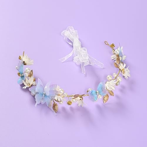 Vividsun Butterfly Headbands Flower Girl Hair Accessory with Pearls Butterfly Tiara for Christmas Birthday Cosplay Headpiece (Blue gold) - Image 3