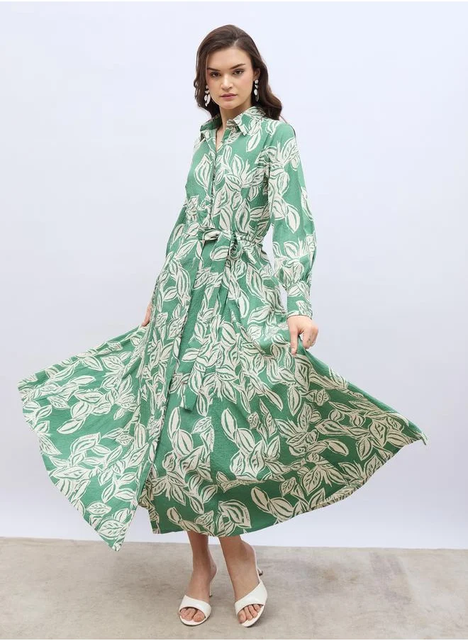 Styli Styli Floral Print Buttoned Shirt Maxi Dress with Tie-Up Belt