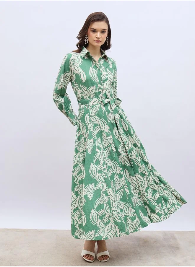 Styli Styli Floral Print Buttoned Shirt Maxi Dress with Tie-Up Belt