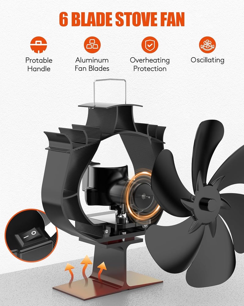 HIDALIFE Oscillating Wood Stove Fan - Heat Powered 6 Blade Auto-Spin & 60° Rotation for Wood/Pellet/Coal Stoves,Big Size Fireplace Burner Fan - Silent Operation,Overheat Protection - Image 3