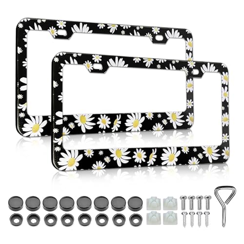 LIN KANG Daisy License Plate Frames 2 Pack Flower Aluminum Metal Car Plate Holder Cover Car Decorative Tag Frames for Standard Us Canada with Free Screws Fasteners Caps - Image 1