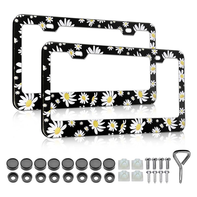 LIN KANG Daisy License Plate Frames 2 Pack Flower Aluminum Metal Car Plate Holder Cover Car Decorative Tag Frames for Standard Us Canada with Free Screws Fasteners Caps - Image 3