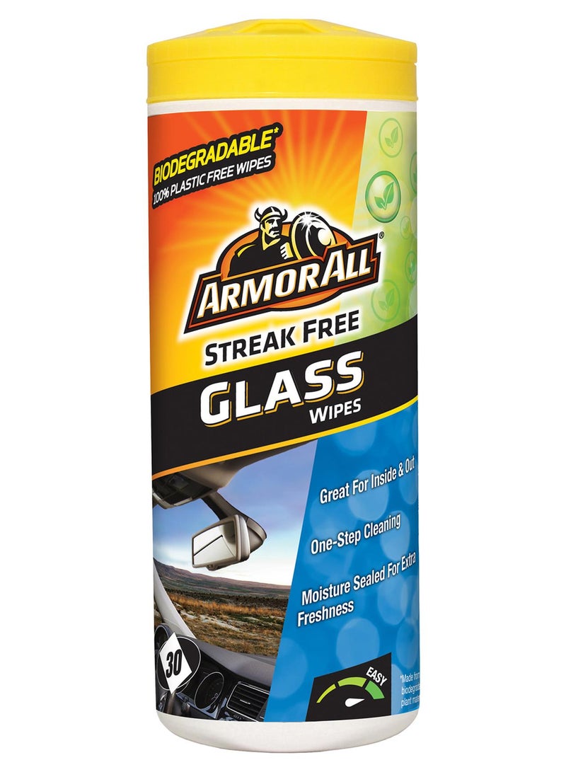 ARMOR ALL Glass Wipes, 100% Plastic-Free And Biodegradeable, One-Step Cleaning, Moisture-Sealed For Freshness, 30 Wipes