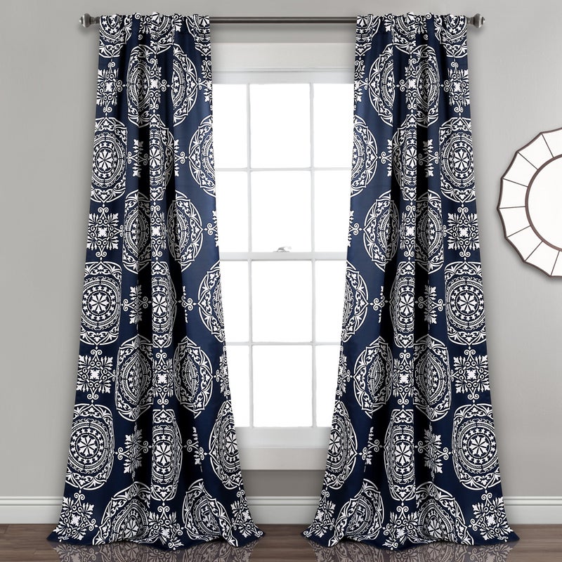Lush Decor Karmen Medallion Light Filtering Window Curtain Panel Pair, Navy, 84" x 52" - Image 1