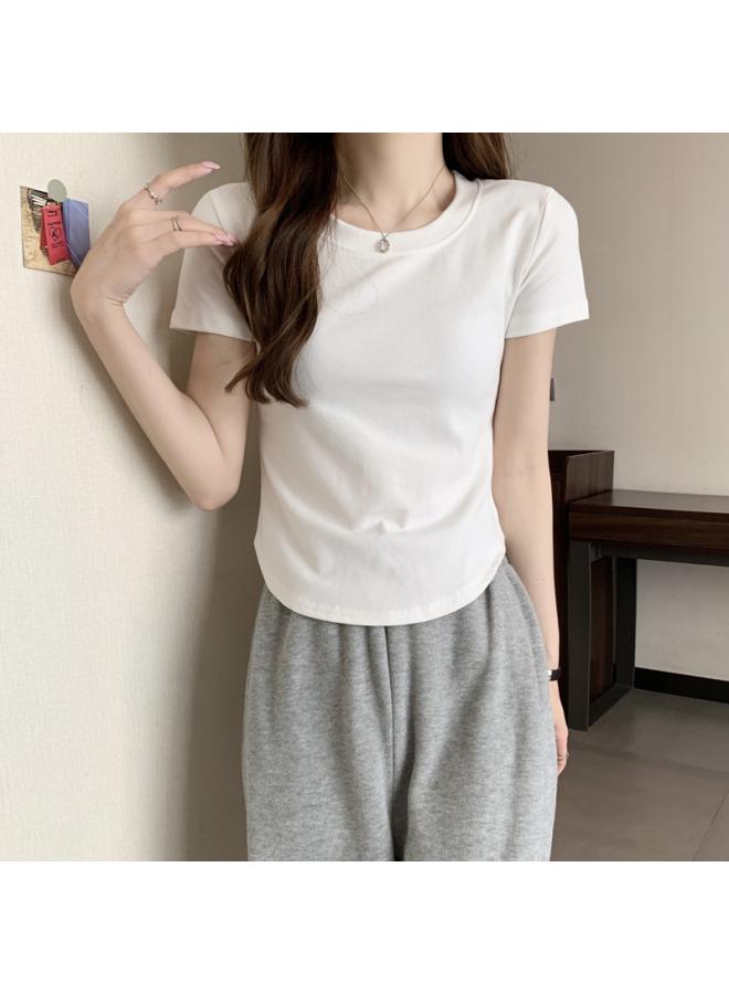 Song Feng Ya Cotton Summer New Slim-fit White Short-sleeved Women's Shoulder T-shirt Irregular Hot Girl Collar-reducing Short Top 