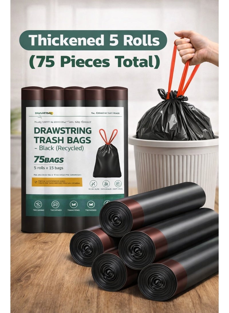 Vmax Drawstring Trash Bags(15*5PCS), Leak Lock, Tear Resistant, 9 Micron Thick, Recycled Black Garbage Bags,500 x 600 mm, - Image 1