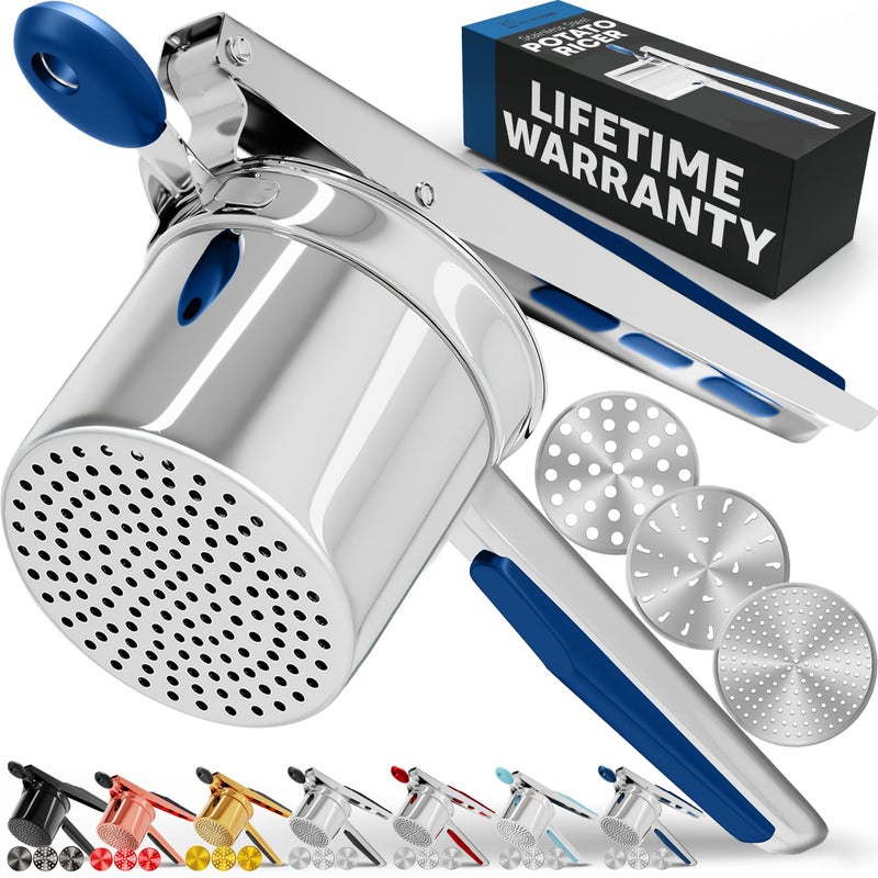 PriorityChef Large 15oz Potato Ricer With 3 Discs Heavy Duty Stainless Steel Potato Ricer for Mashed Potatoes Potato Masher Press and Ricer Kitchen Tool Blue