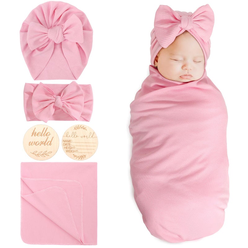 DRESHOW BQUBO Baby Girl Newborn Receiving Blankets with Bow Hat Headband Wooden Birth Announcement Card Set Newborn Baby Swaddle Wrap Set Warm Shower Gift - Image 1