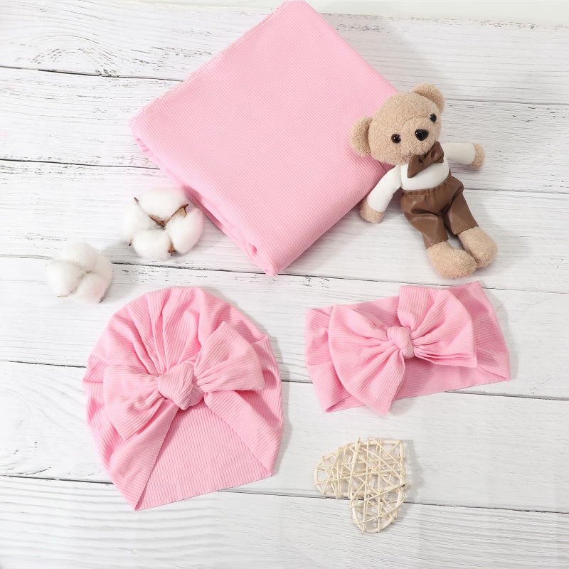 DRESHOW BQUBO Baby Girl Newborn Receiving Blankets with Bow Hat Headband Wooden Birth Announcement Card Set Newborn Baby Swaddle Wrap Set Warm Shower Gift - Image 4