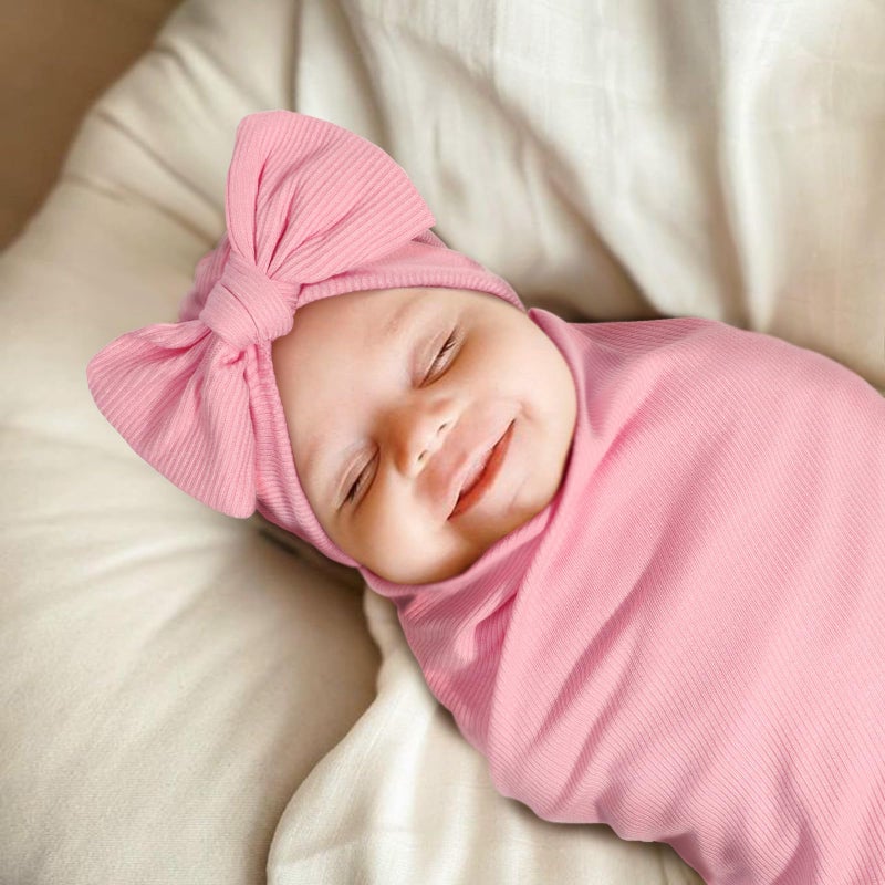 DRESHOW BQUBO Baby Girl Newborn Receiving Blankets with Bow Hat Headband Wooden Birth Announcement Card Set Newborn Baby Swaddle Wrap Set Warm Shower Gift - Image 2