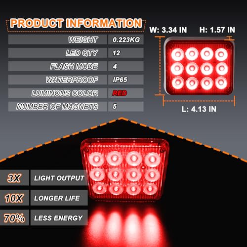 Nrgedzam 2PCS LED Red Strobe Lights Magnetic Flashing Lights Rechargeable Beacon Safety Warning Emergency Lights Magnetic Trailer Lights Wireless Battery Powered Strobe Lights for Trucks Vehicles Car - Image 2