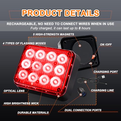 Nrgedzam 2PCS LED Red Strobe Lights Magnetic Flashing Lights Rechargeable Beacon Safety Warning Emergency Lights Magnetic Trailer Lights Wireless Battery Powered Strobe Lights for Trucks Vehicles Car - Image 3