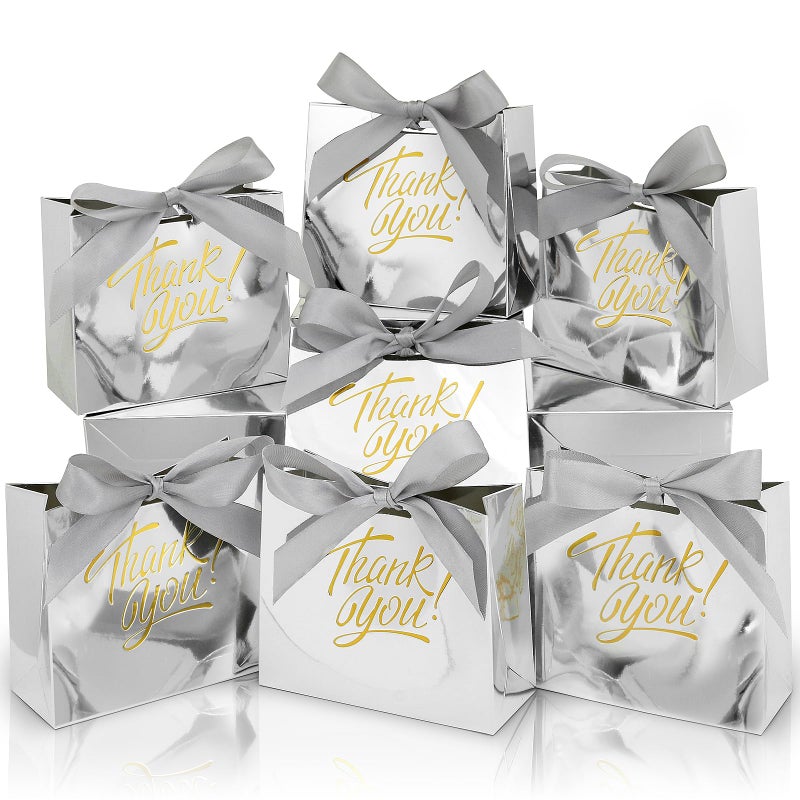 DOYIDE 100 Pack Small Thank You Gift Bags, 4.5x1.8x3.9in Party Favor Bags Boxes with Bow Ribbon, Small Paper Gift Bags with Gold Foil Printed, Mini Candy Treat Bags for Birthday Wedding Party Holiday - Image 1