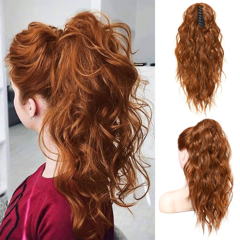 Flufymooz Ponytail Extension 18 Inch Wavy Curly Claw Clip in Ponytail Hair Extensions Natural Fake Synthetic Hairpiece for Women Dark Cooper Red - Image 2