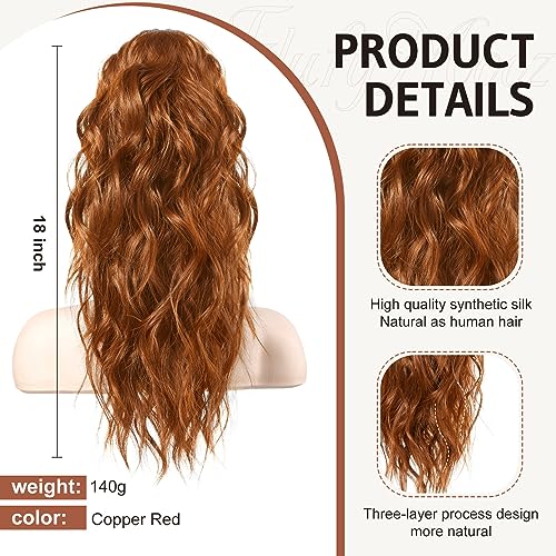 Flufymooz Ponytail Extension 18 Inch Wavy Curly Claw Clip in Ponytail Hair Extensions Natural Fake Synthetic Hairpiece for Women Dark Cooper Red - Image 3