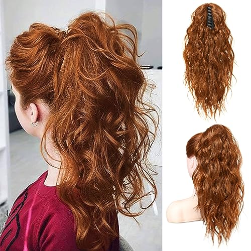 Flufymooz Ponytail Extension 18 Inch Wavy Curly Claw Clip in Ponytail Hair Extensions Natural Fake Synthetic Hairpiece for Women Dark Cooper Red - Image 1