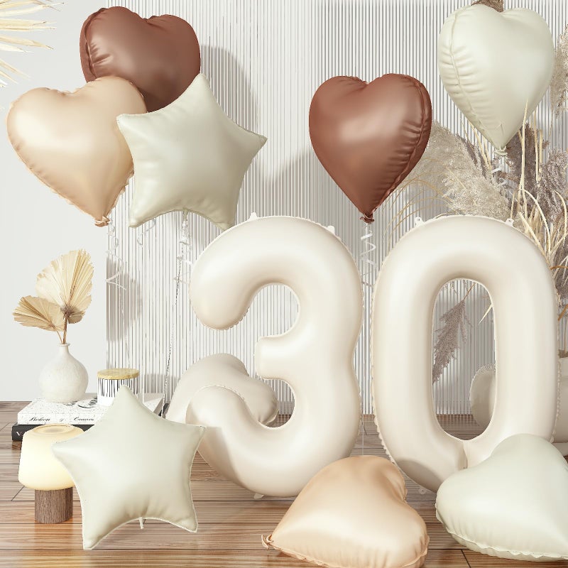 Govpy Cream 30 Balloons Decor, Beige Nude Apricot Brown Tan Foil Star Heart Balloons, 40'' White Sand Helium Neutral Number 30 Balloon for Women 30th Birthday Wedding Anniversary Party Decoration Supplies - Image 1