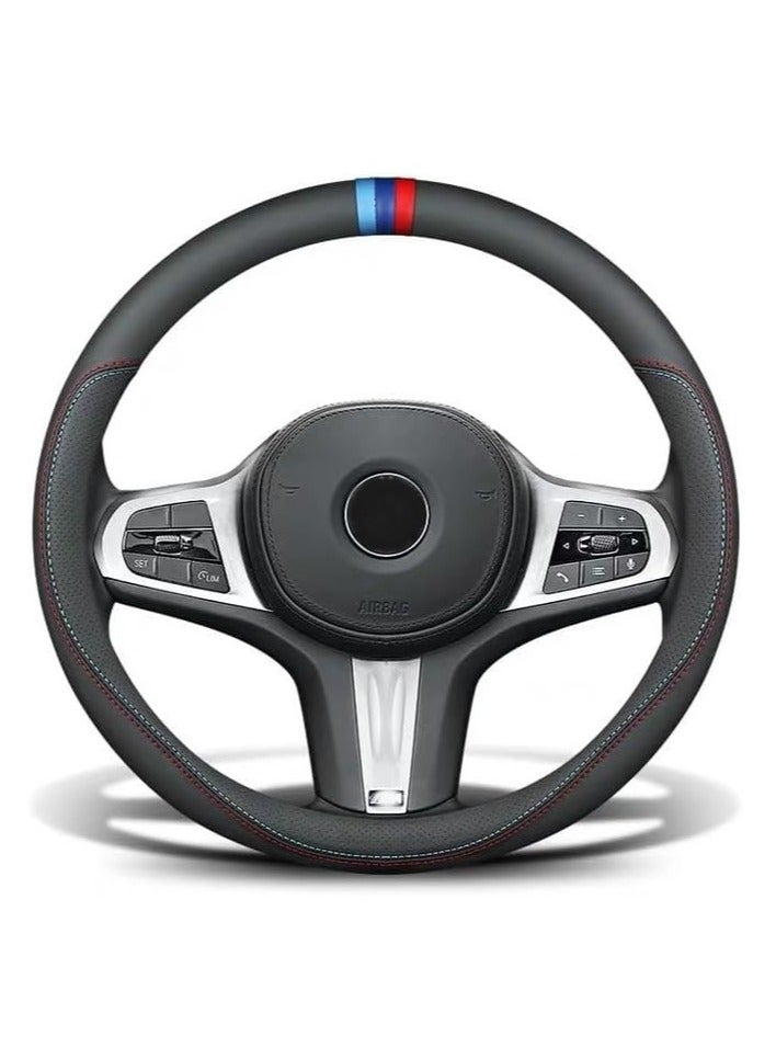 GUDOO Leather Car Steering Wheel Cover New Nappa Comfortable Non-Slip Sport Style Universal 15 Inches Black  - Image 1