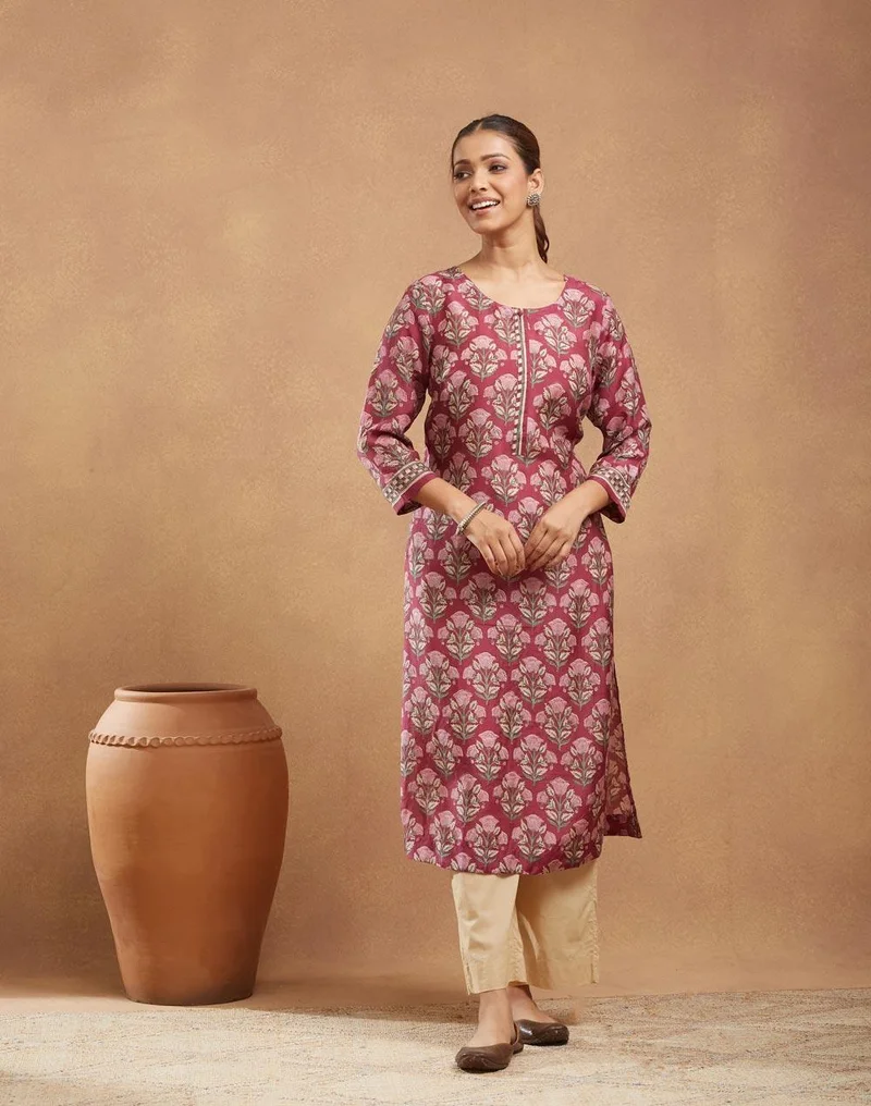 Fabindia Purple Rayon Blend Hand Block Printed Slim Fit Long Kurta