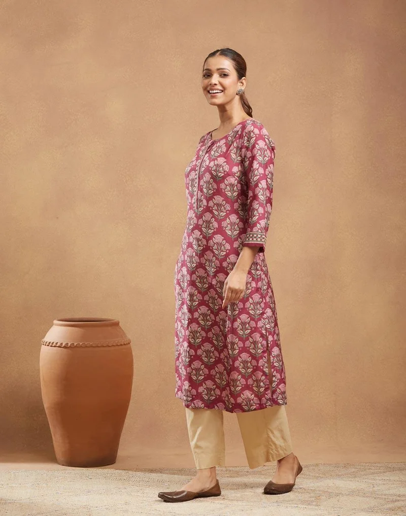 Fabindia Purple Rayon Blend Hand Block Printed Slim Fit Long Kurta