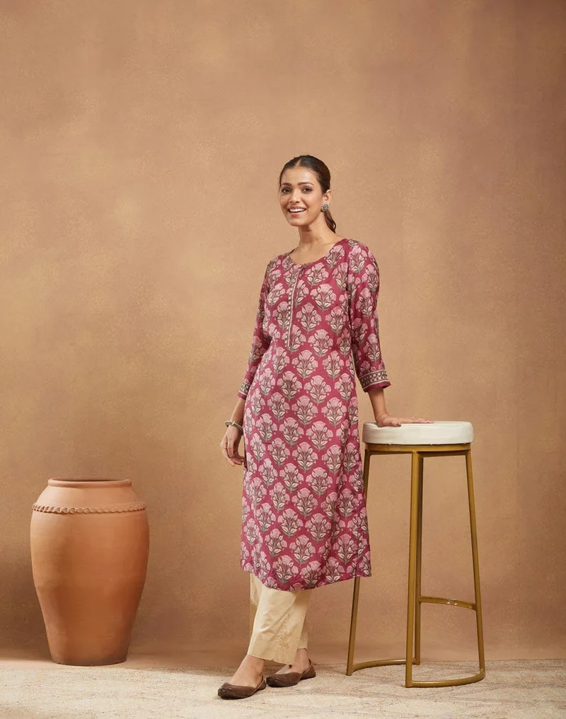 Fabindia Purple Rayon Blend Hand Block Printed Slim Fit Long Kurta