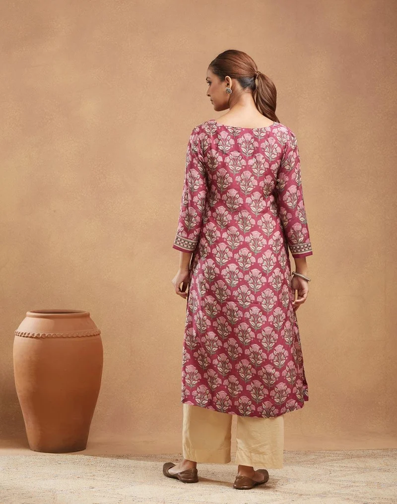 Fabindia Purple Rayon Blend Hand Block Printed Slim Fit Long Kurta