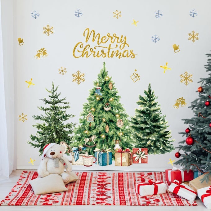 CHRISTMAS TREE WALL STICKER MERRY CHRISTMAS WALL DECAL PEEL AND STICK WINTER SNOWFLAKE WALL ART MURAL XMAS HOLIDAY GIFTS WALL STICKER FOR LIVING ROOM BEDROOM DECOR