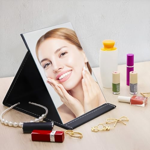 ONICORN® Portable Folding Makeup Mirror, Frameless PU Leather Vanity Mirror with Stand for Desk Table Camping Travel Personal (Black-Pack of 2) - Image 5