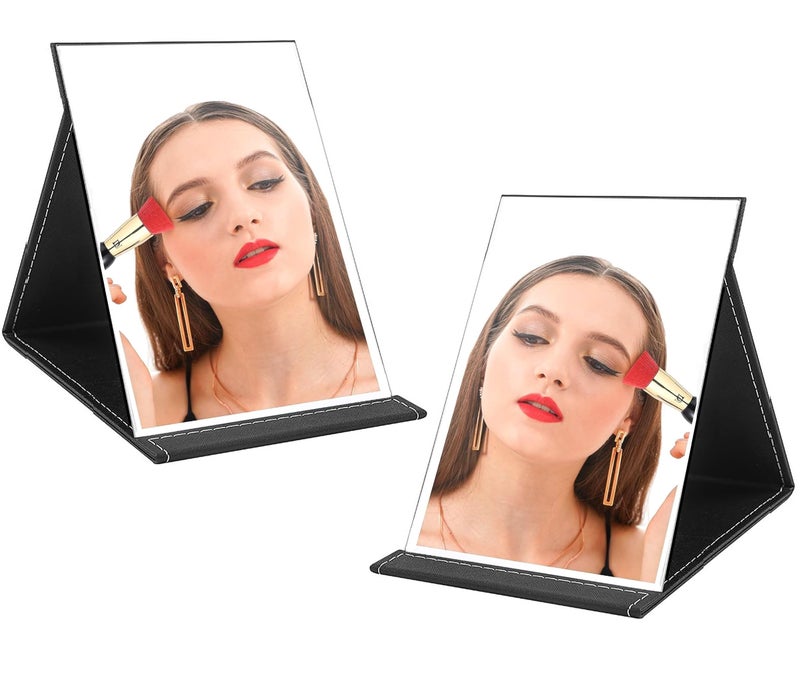 ONICORN® Portable Folding Makeup Mirror, Frameless PU Leather Vanity Mirror with Stand for Desk Table Camping Travel Personal (Black-Pack of 2) - Image 1