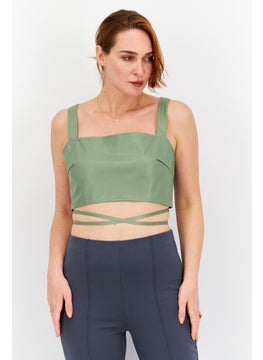 Women Square Neck Sleeveless Plain Tank Top, Green