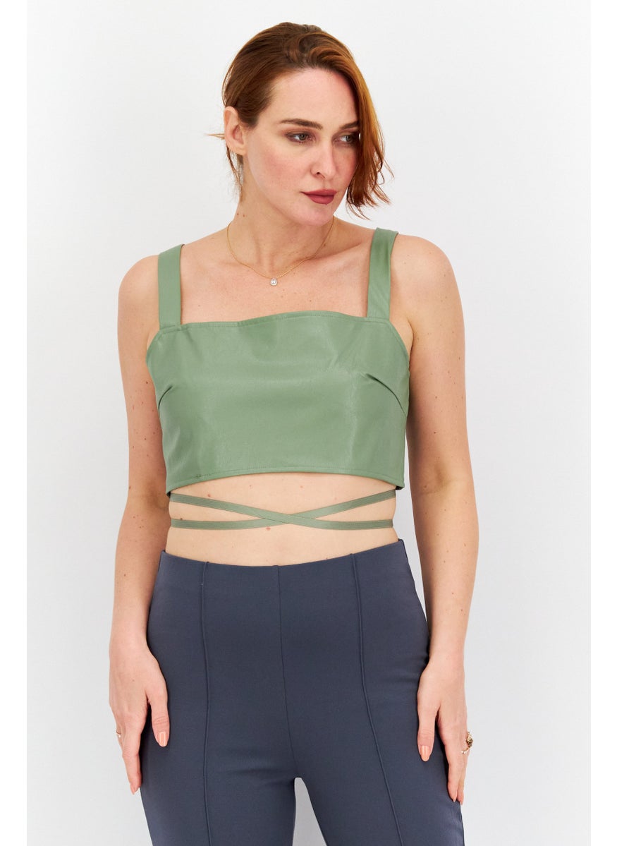 QED London - Women Square Neck Sleeveless Plain Tank Top, Green - Image 1