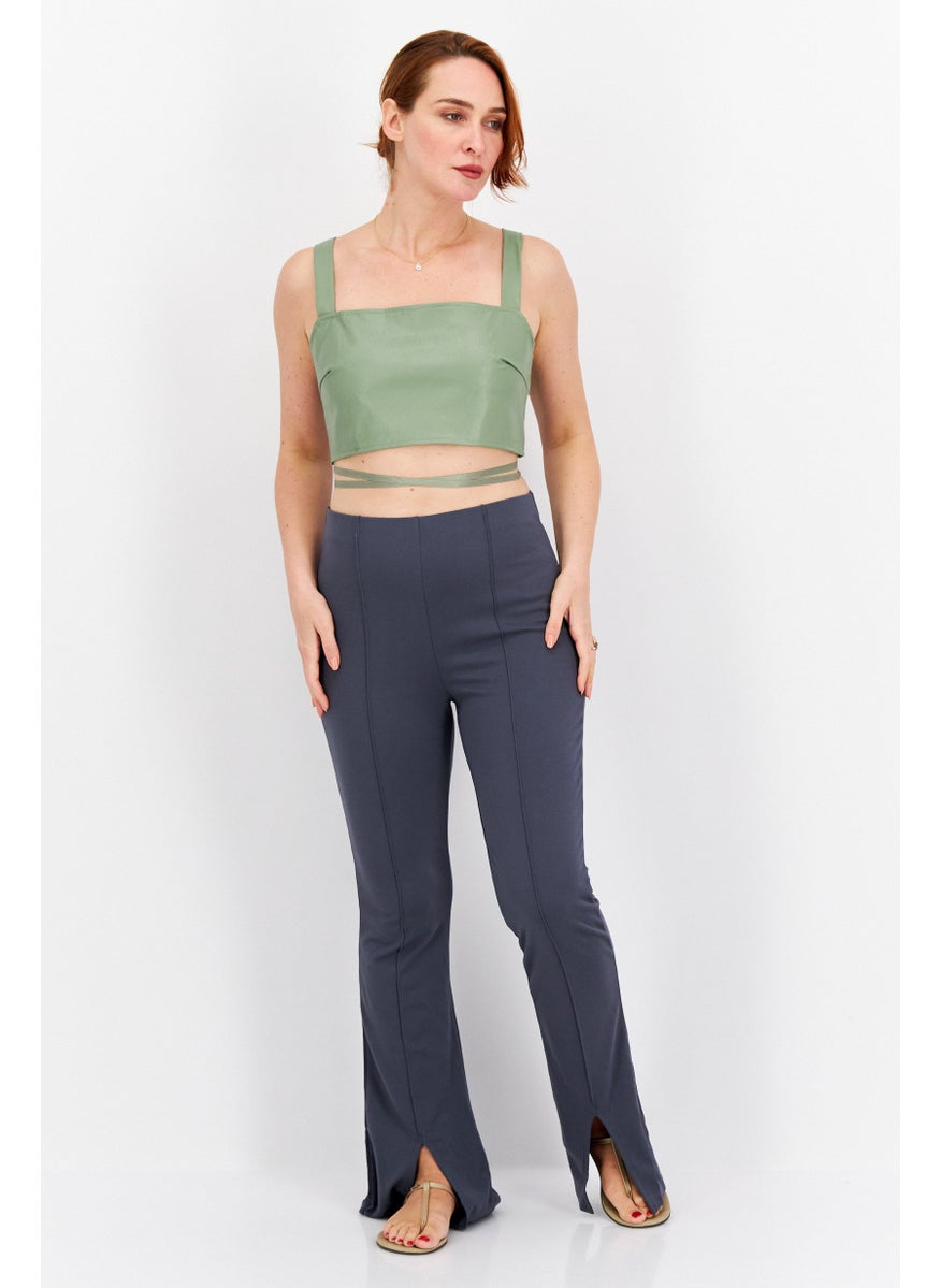 QED London - Women Square Neck Sleeveless Plain Tank Top, Green - Image 1