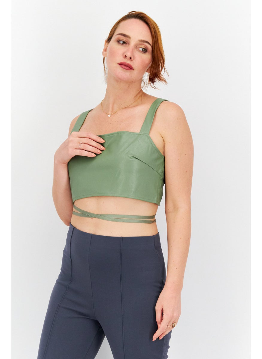 QED London - Women Square Neck Sleeveless Plain Tank Top, Green - Image 1