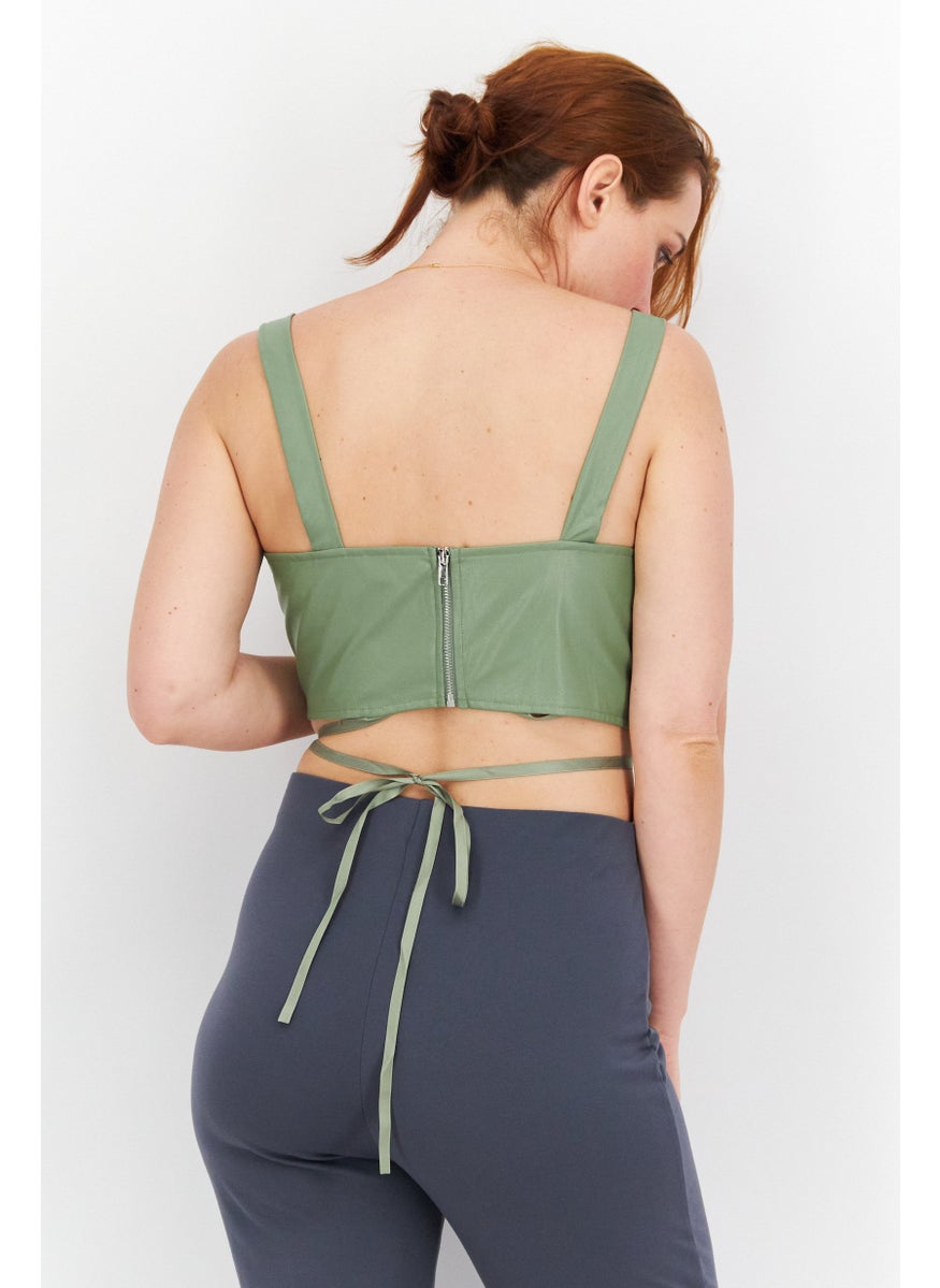 QED London - Women Square Neck Sleeveless Plain Tank Top, Green - Image 1