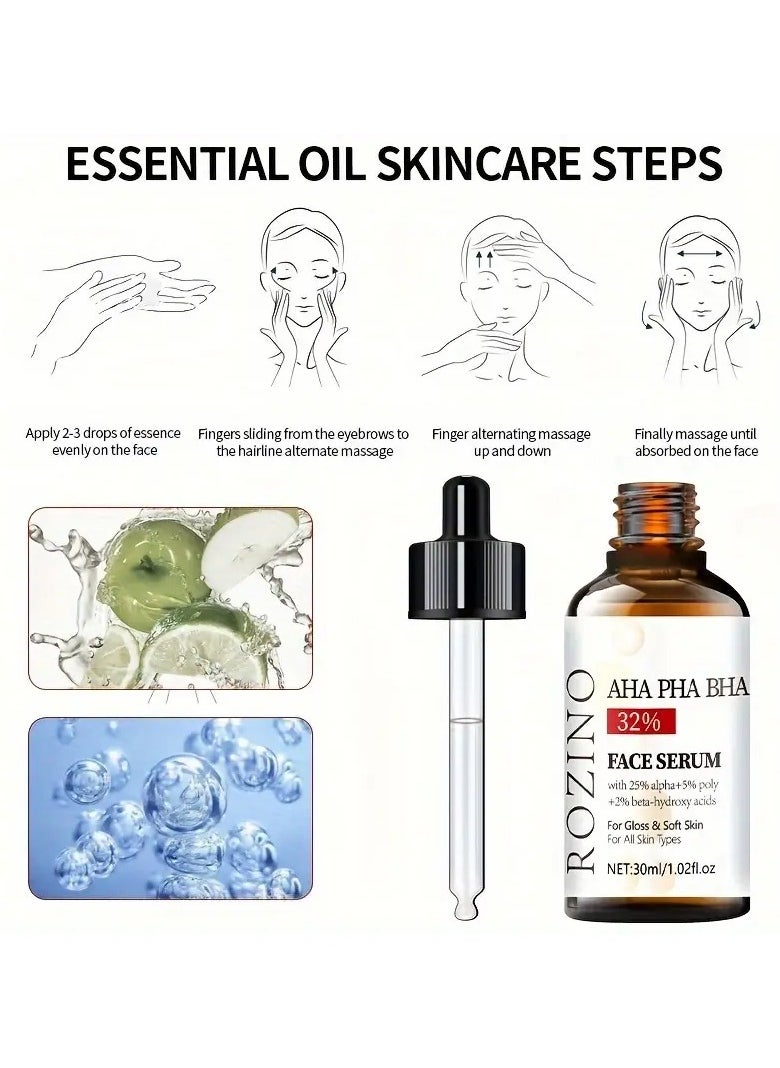 Rozino - AHA PHA BHA 32% Face Serum, 30ml/1.02fl.oz - Exfoliating Glycolic Acid Complex For Deep Hydration, Moisturizing, Firming Skin & Elasticity Boost, Suitable For All Skin Types - Image 1