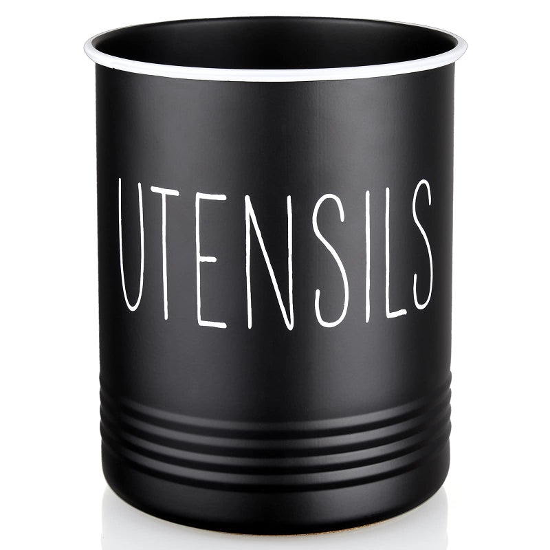 Bivvclaz Kitchen Utensil Holder, 6.7" Utensil Holder for Kitchen Counter, Cooking Utensil Crock with Cork Bottom, Modern Farmhouse Decor, Countertop Utensil Storage Organizer Caddy, Black - Image 1